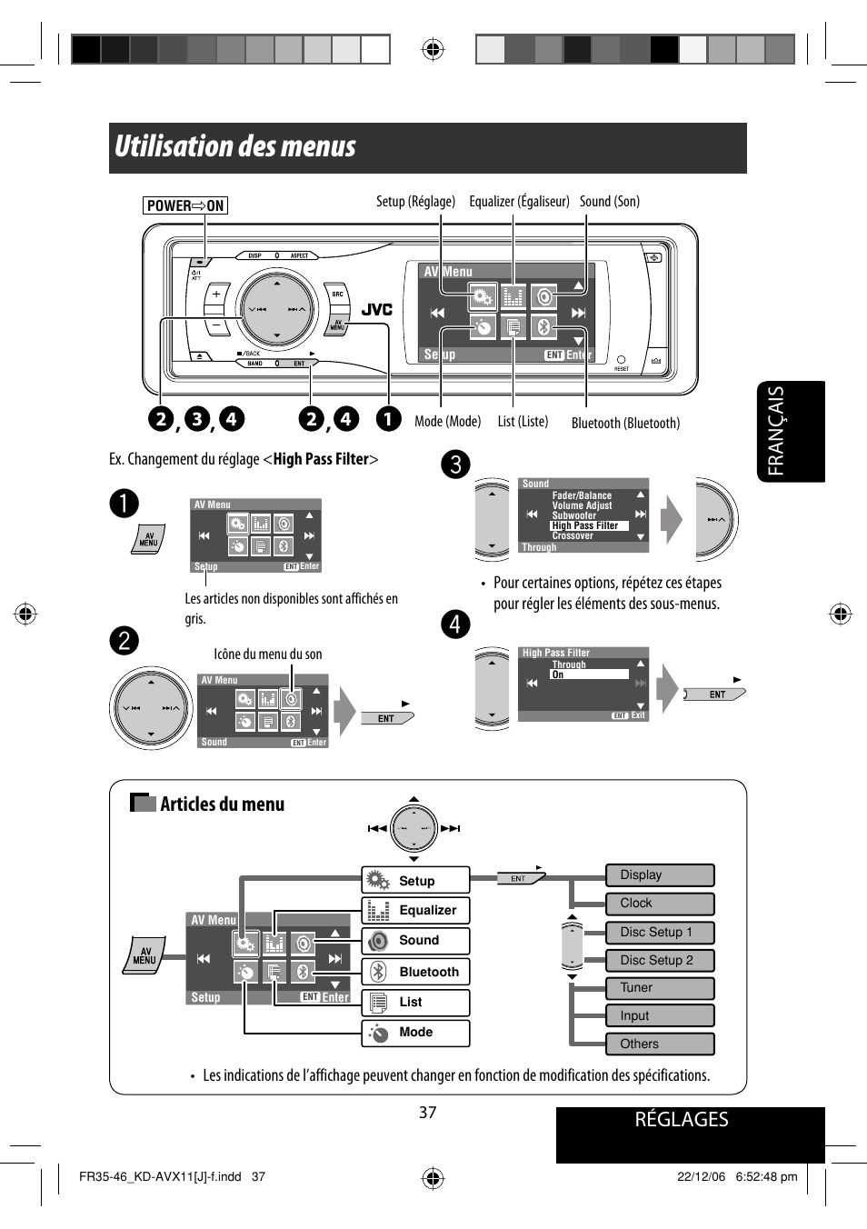 Utilisation des menus, Réglages, Français | Articles du menu, Ex. changement du réglage < high pass filter | JVC KD-AVX11 User Manual | Page 153 / 177
