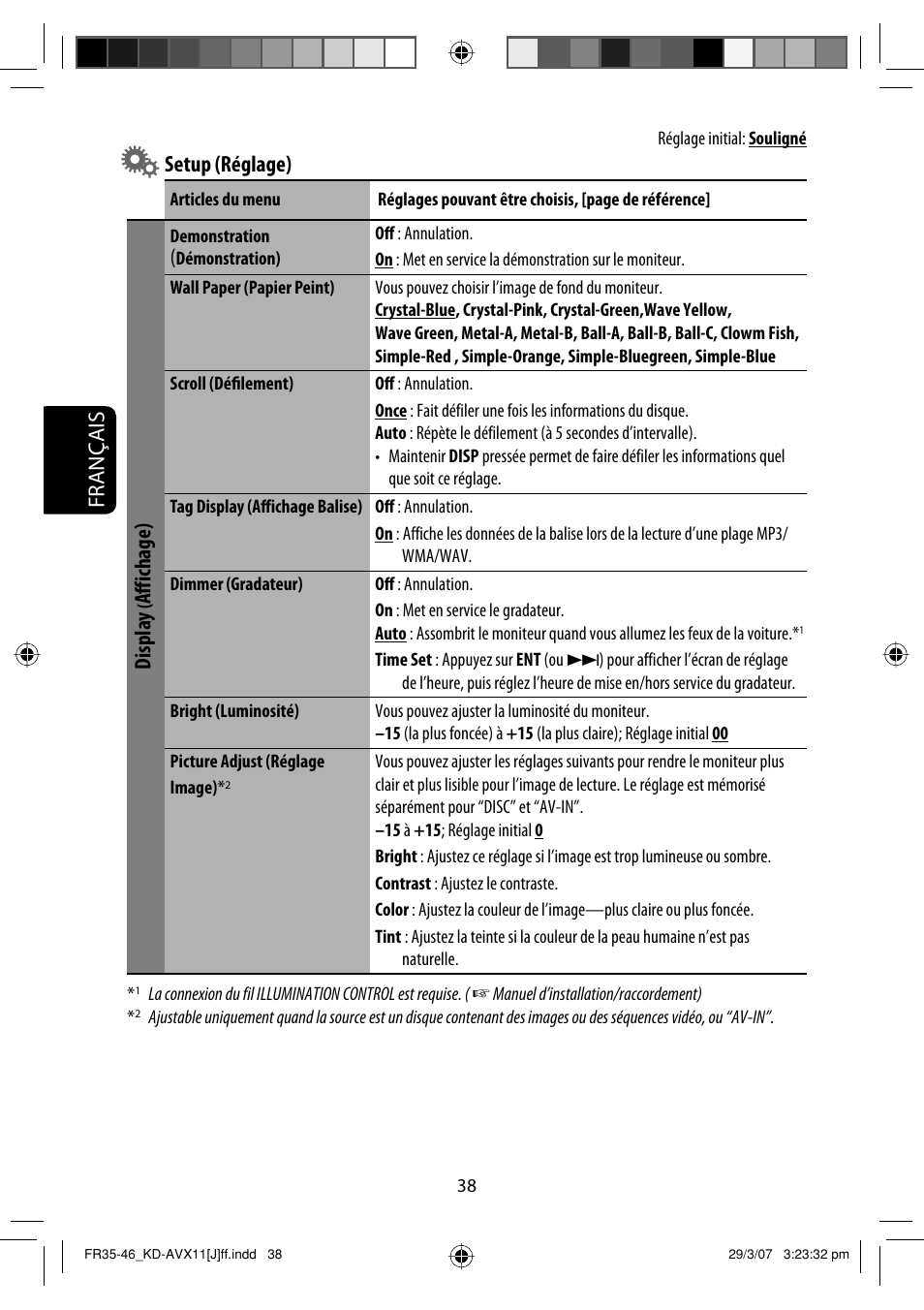 Français, Setup (réglage), Displa y | Aﬀ ichage) | JVC KD-AVX11 User Manual | Page 154 / 177