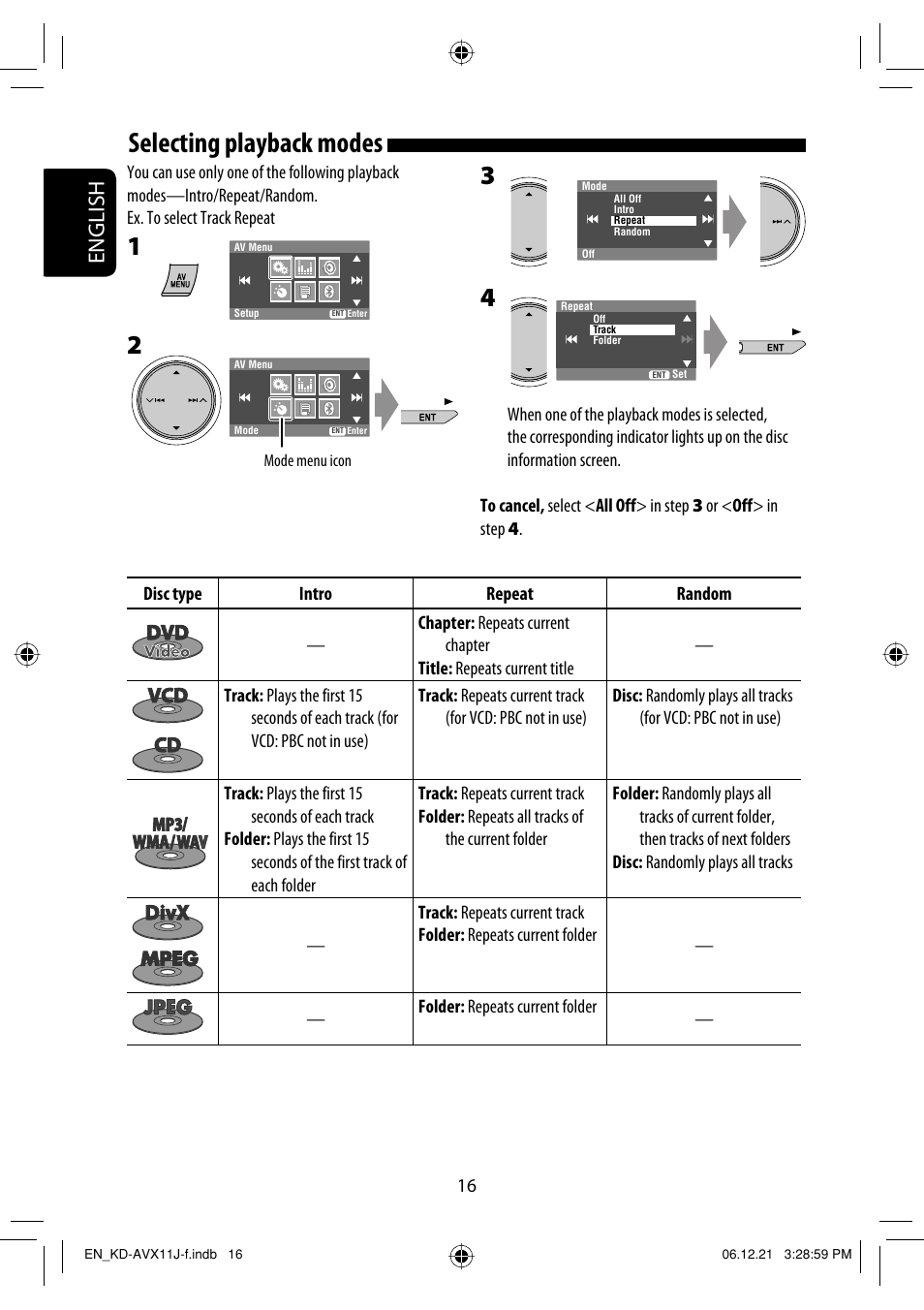 Selecting playback modes, English | JVC KD-AVX11 User Manual | Page 16 / 177