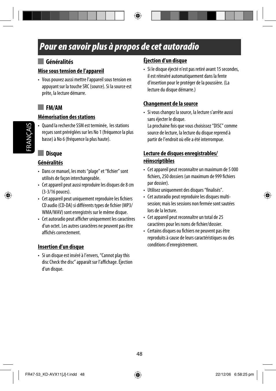 Pour en savoir plus à propos de cet autoradio, Français, Généralités | Fm/am, Disque | JVC KD-AVX11 User Manual | Page 164 / 177