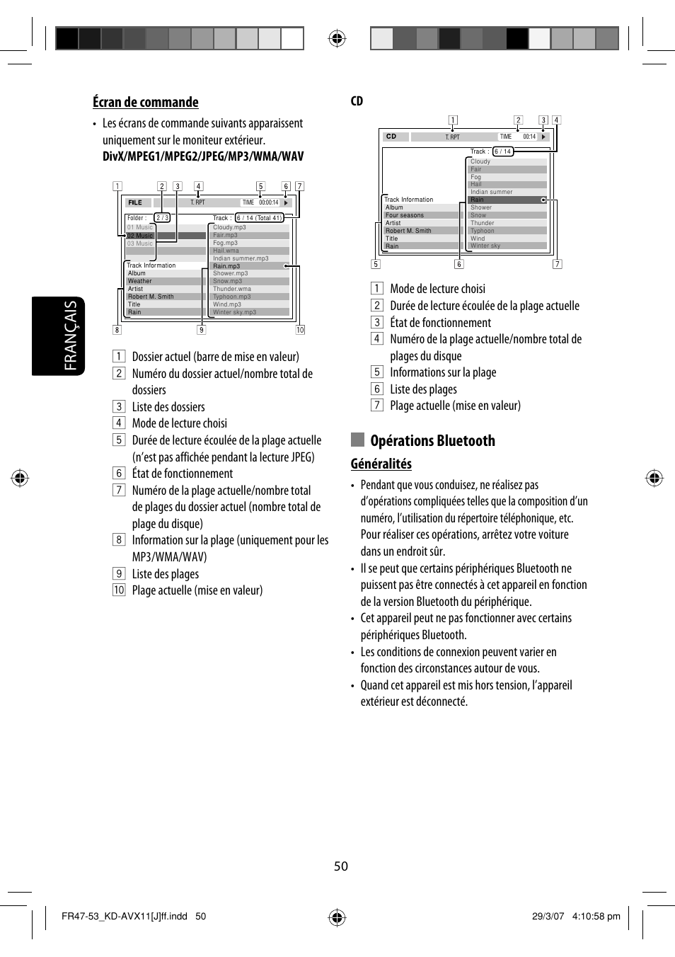 Français, Opérations bluetooth, Généralités | Écran de commande | JVC KD-AVX11 User Manual | Page 166 / 177