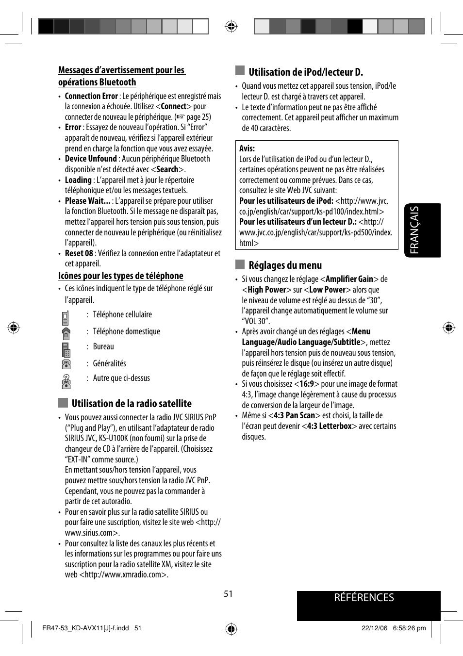 Références français, Utilisation de la radio satellite, Utilisation de ipod/lecteur d | Réglages du menu | JVC KD-AVX11 User Manual | Page 167 / 177