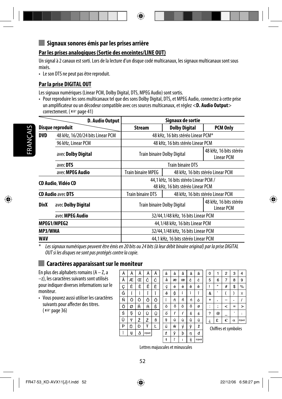 Français, Signaux sonores émis par les prises arrière, Caractères apparaissant sur le moniteur | JVC KD-AVX11 User Manual | Page 168 / 177