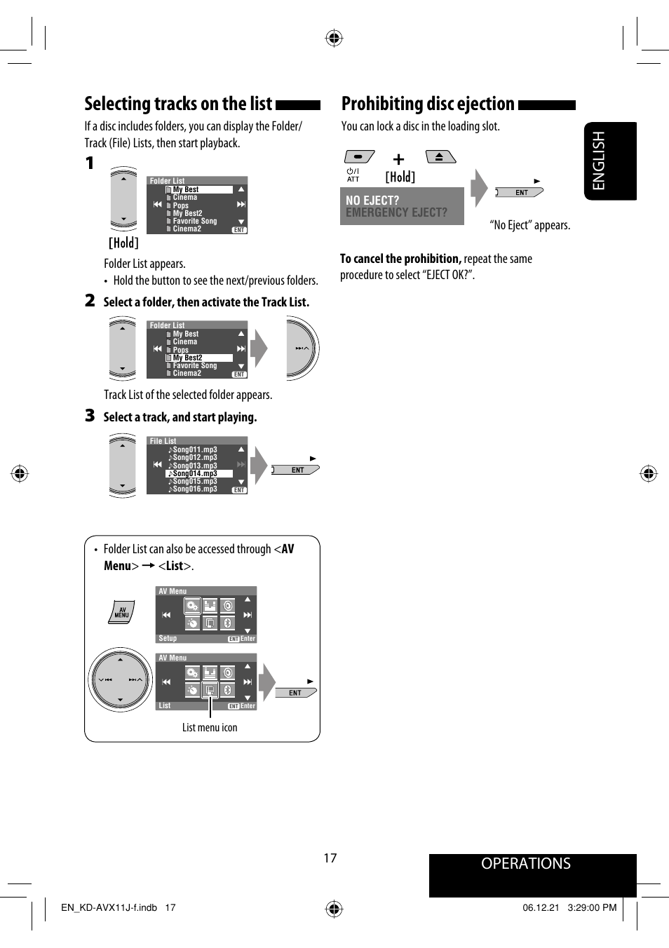 Selecting tracks on the list, Prohibiting disc ejection, Operations | English | JVC KD-AVX11 User Manual | Page 17 / 177