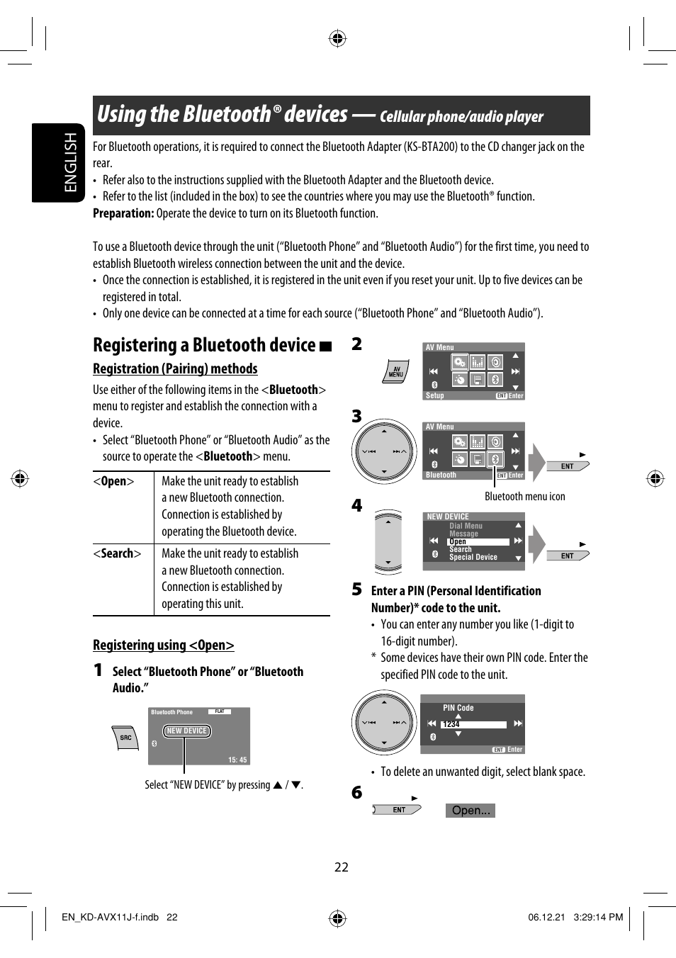 External devices, Using the bluetooth® devices, Registering a bluetooth device | English, Cellular phone/audio player, Registration (pairing) methods, Registering using <open | JVC KD-AVX11 User Manual | Page 22 / 177