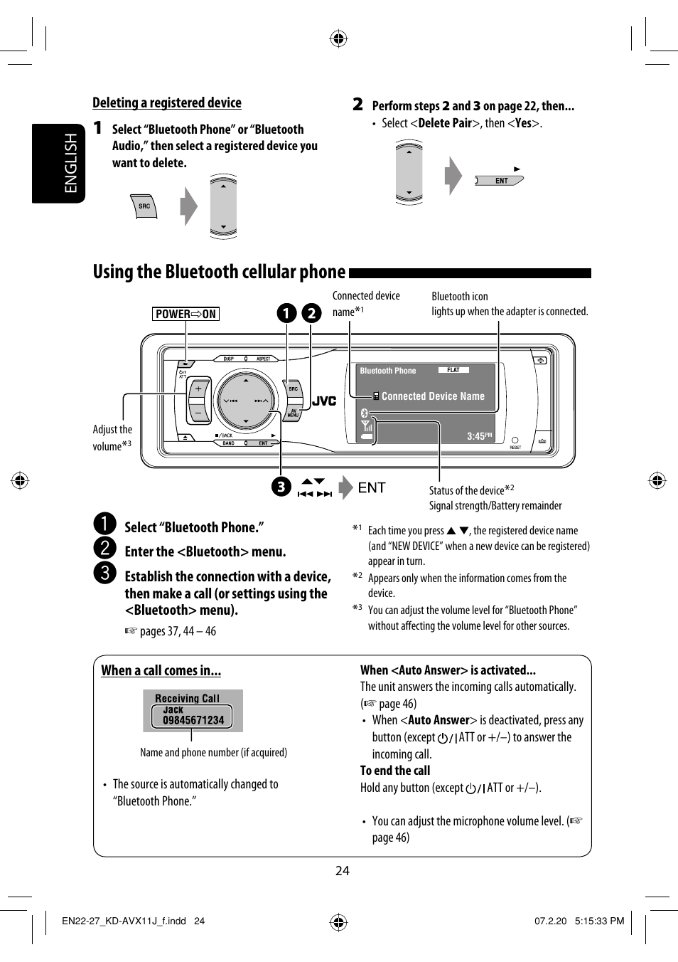 Using the bluetooth cellular phone, English | JVC KD-AVX11 User Manual | Page 24 / 177