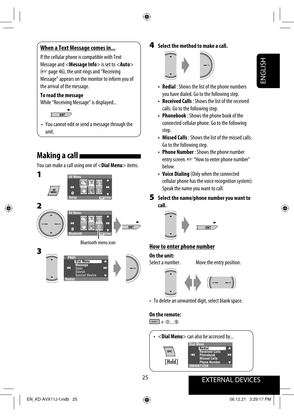 Making a call, External devices english, When a text message comes in | How to enter phone number | JVC KD-AVX11 User Manual | Page 25 / 177