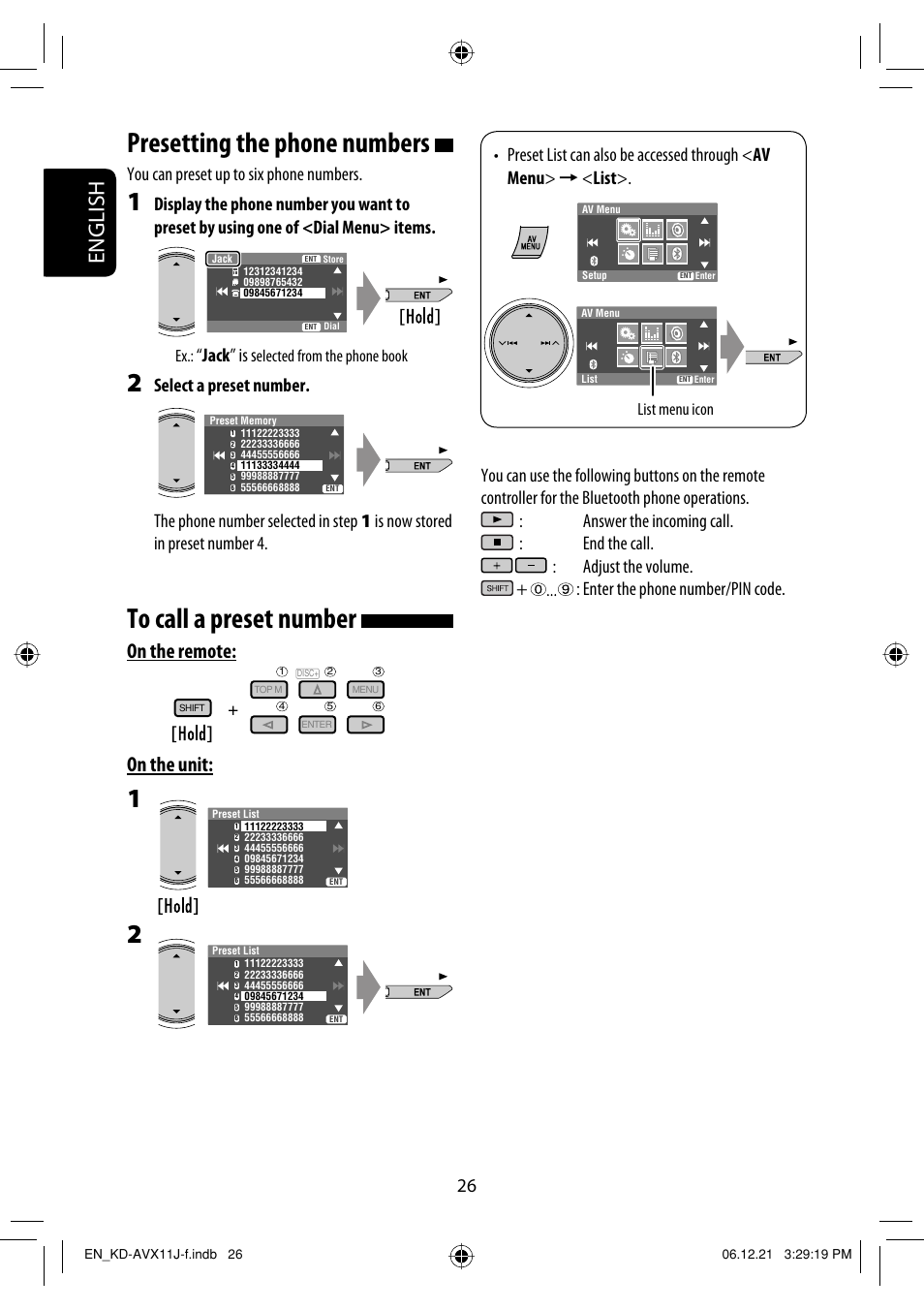 Presetting the phone numbers, English, On the remote: on the unit | You can preset up to six phone numbers, Jack ” is s, Elected from the phone book, List menu icon | JVC KD-AVX11 User Manual | Page 26 / 177