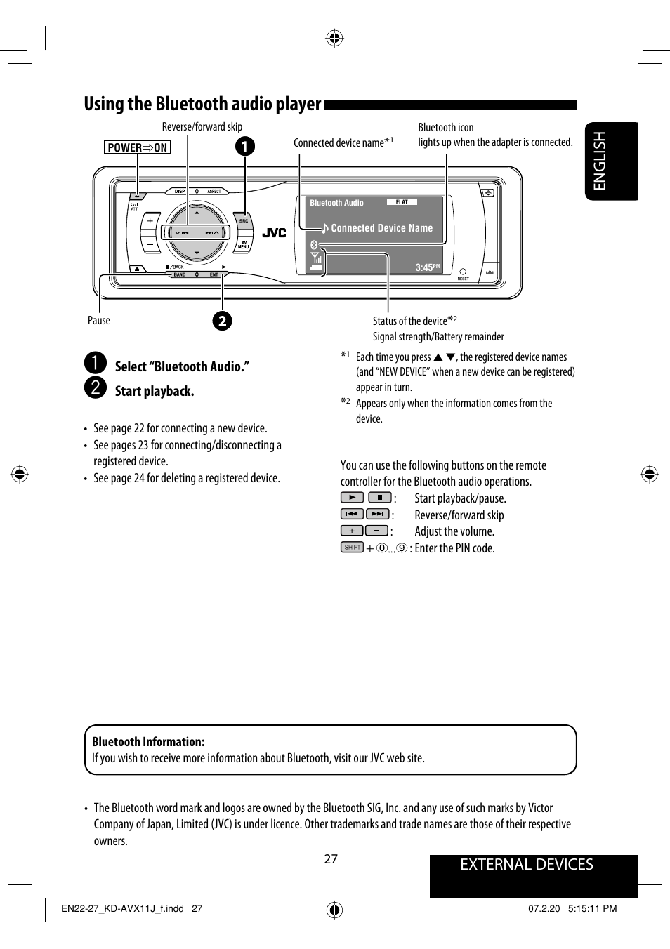 Using the bluetooth audio player, External devices english | JVC KD-AVX11 User Manual | Page 27 / 177