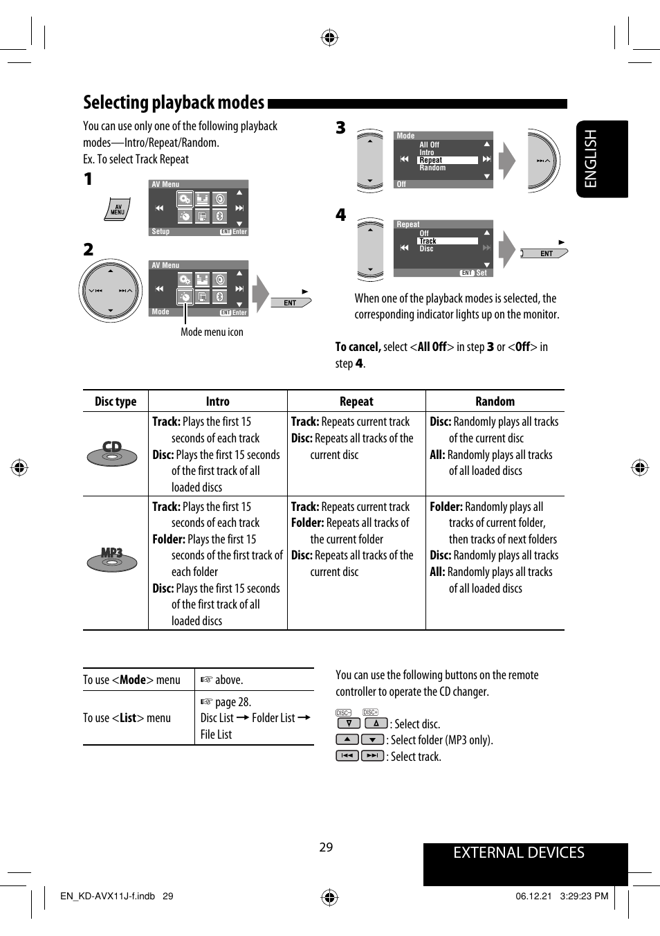 Selecting playback modes, External devices english | JVC KD-AVX11 User Manual | Page 29 / 177