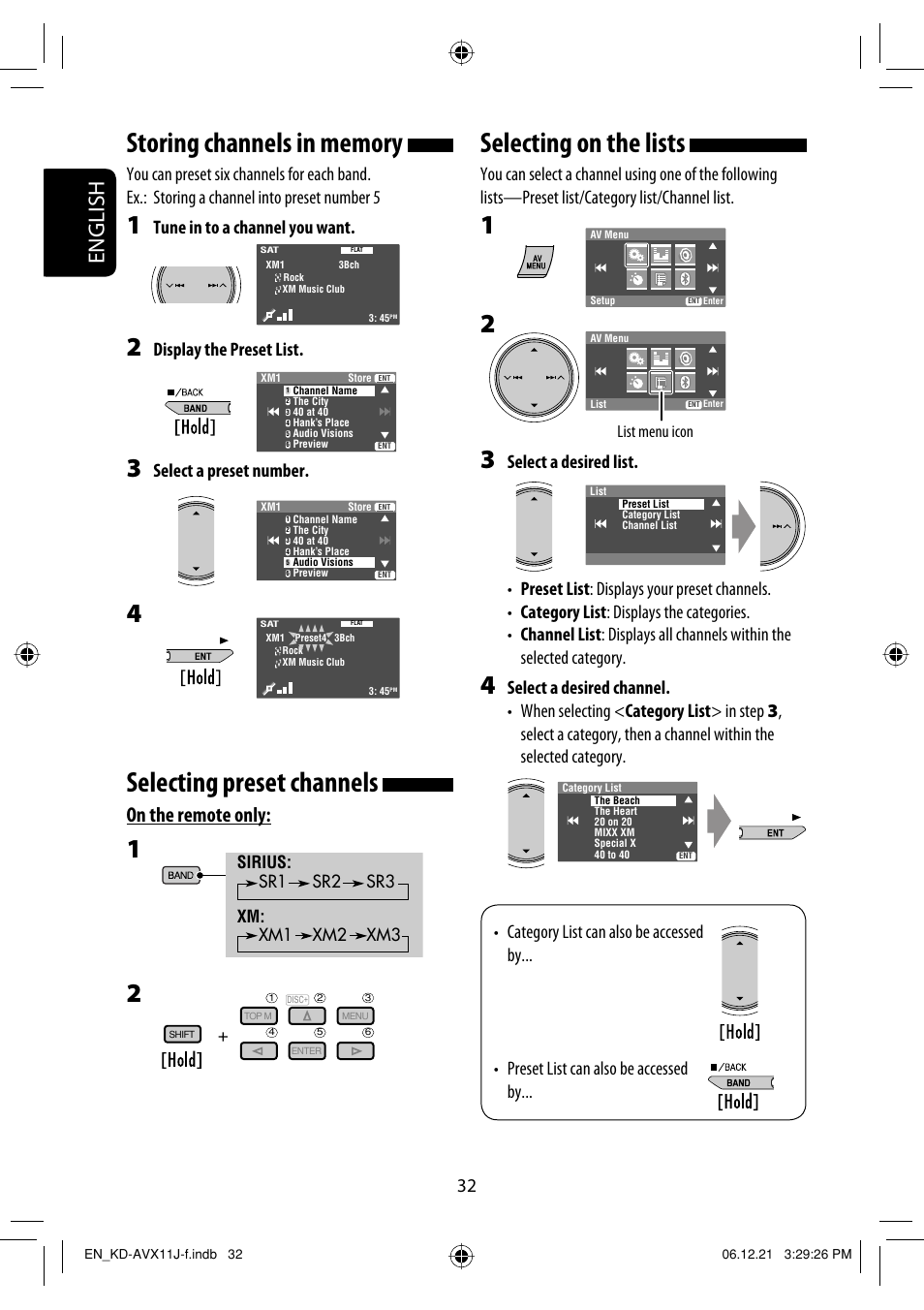 Selecting preset channels, Selecting on the lists, English | On the remote only, Tune in to a channel you want, Display the preset list, Select a preset number | JVC KD-AVX11 User Manual | Page 32 / 177