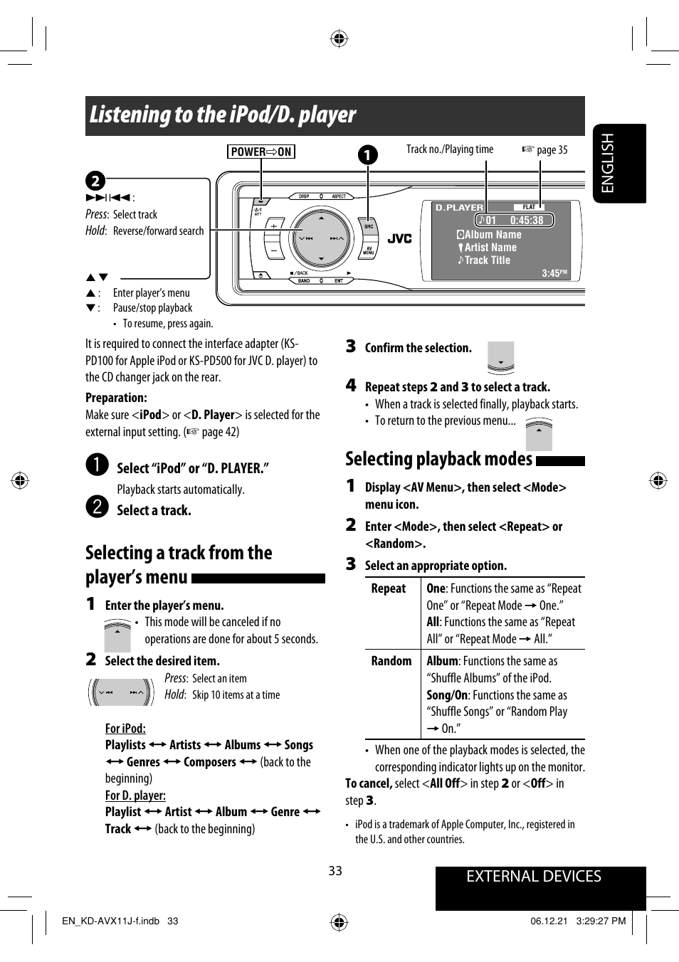 Listening to the ipod/d. player, Selecting a track from the player’s menu, Selecting playback modes | External devices english | JVC KD-AVX11 User Manual | Page 33 / 177