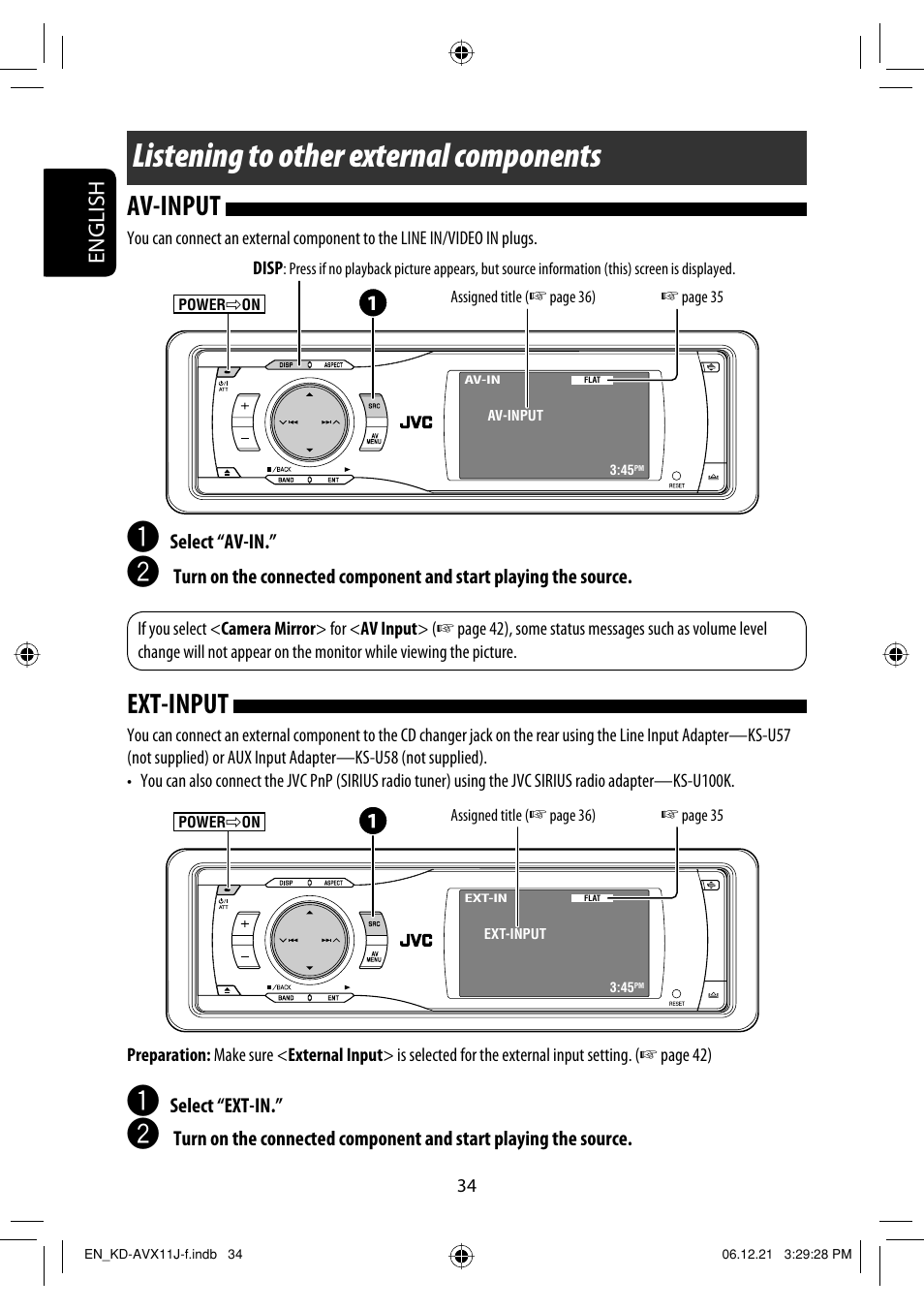 Listening to other external components, Av-input, Ext-input | English | JVC KD-AVX11 User Manual | Page 34 / 177