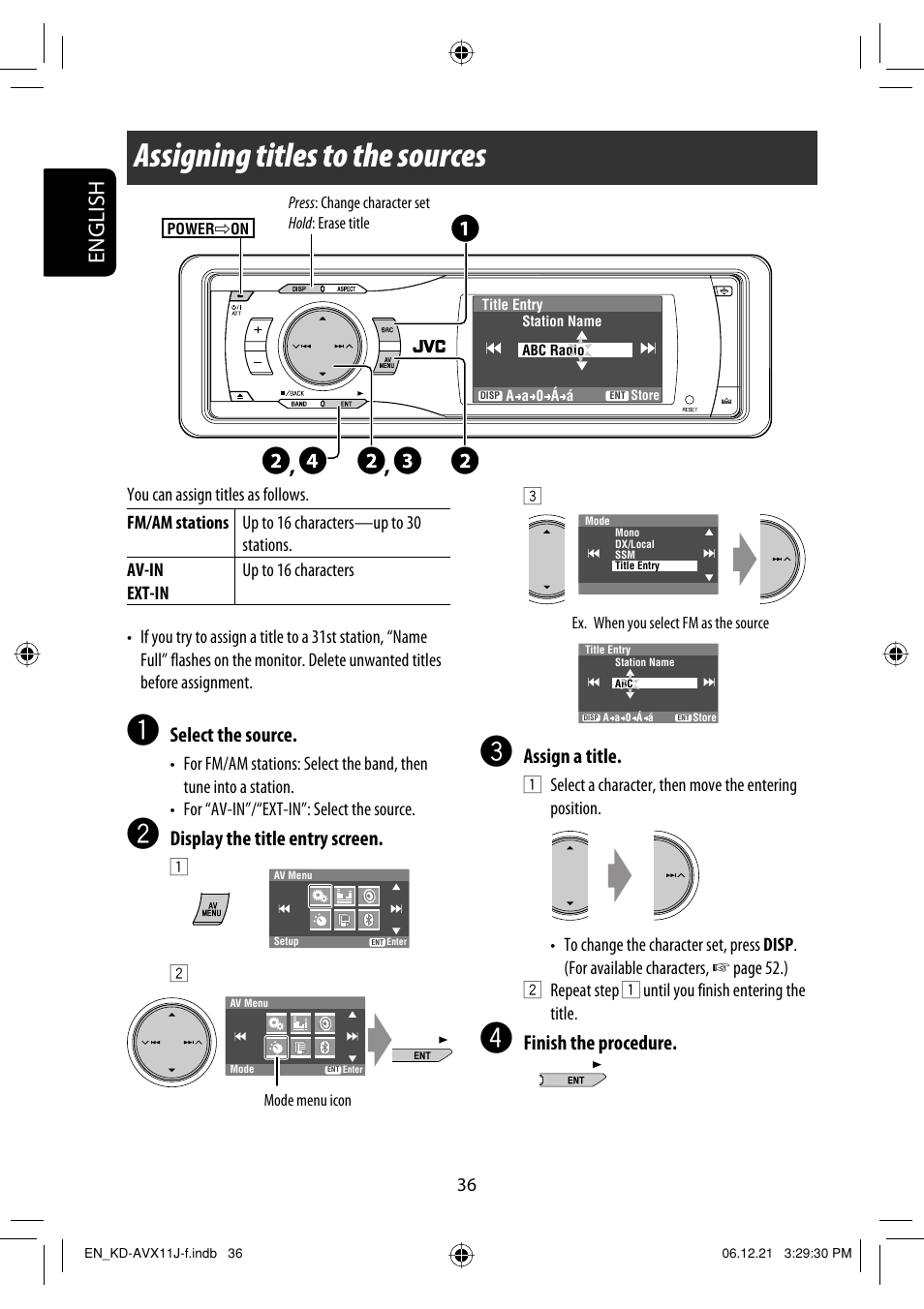 Assigning titles to the sources, English, Select the source | Display the title entry screen, Assign a title, Finish the procedure | JVC KD-AVX11 User Manual | Page 36 / 177