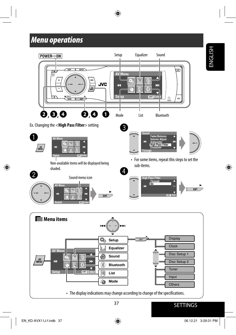 Menu operations, Settings, English | Menu items, Ex. changing the < high pass filter > setting | JVC KD-AVX11 User Manual | Page 37 / 177