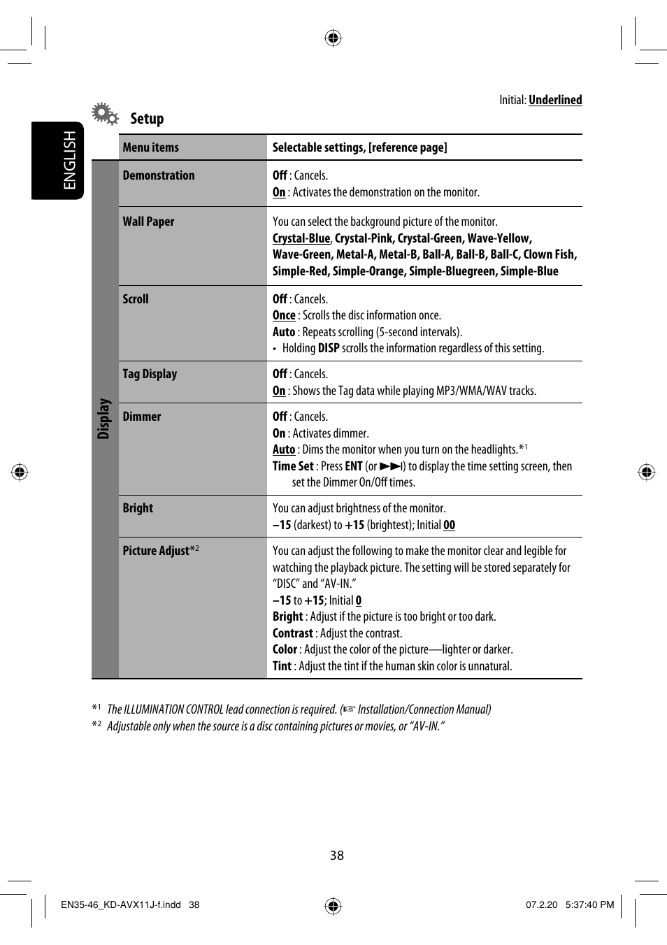 English, Setup, Display | JVC KD-AVX11 User Manual | Page 38 / 177