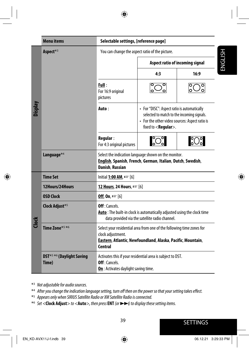 Settings, English, Display | Clock | JVC KD-AVX11 User Manual | Page 39 / 177