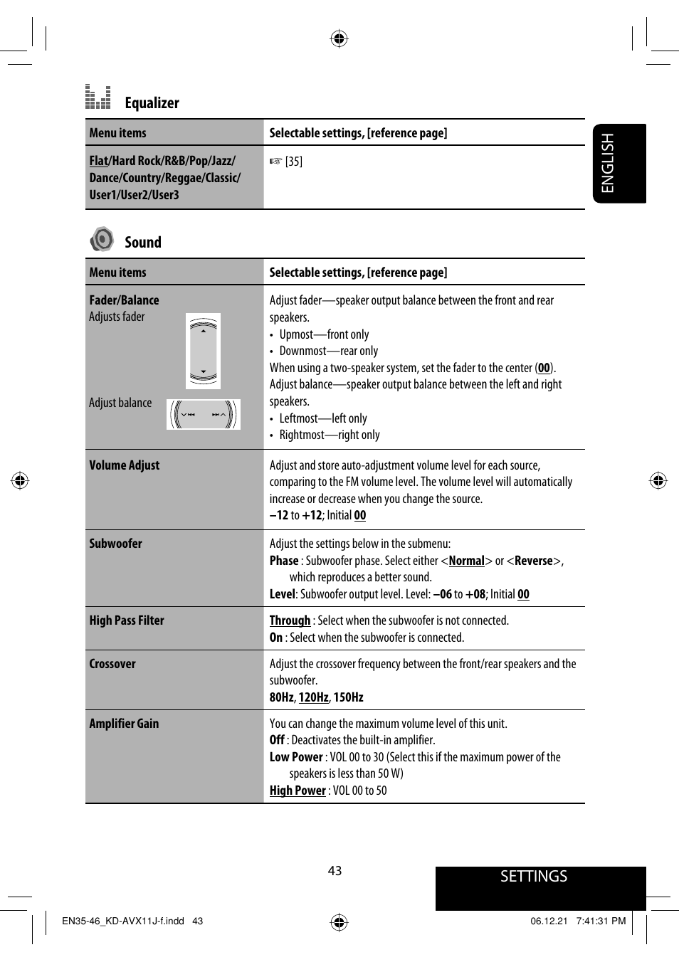 Settings, English equalizer, Sound | JVC KD-AVX11 User Manual | Page 43 / 177