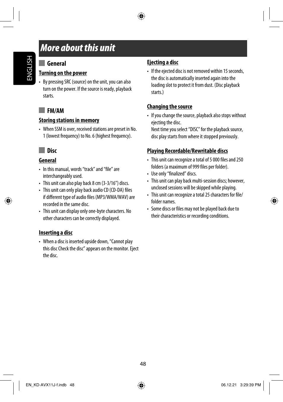 More about this unit, English, General | Fm/am, Disc | JVC KD-AVX11 User Manual | Page 48 / 177