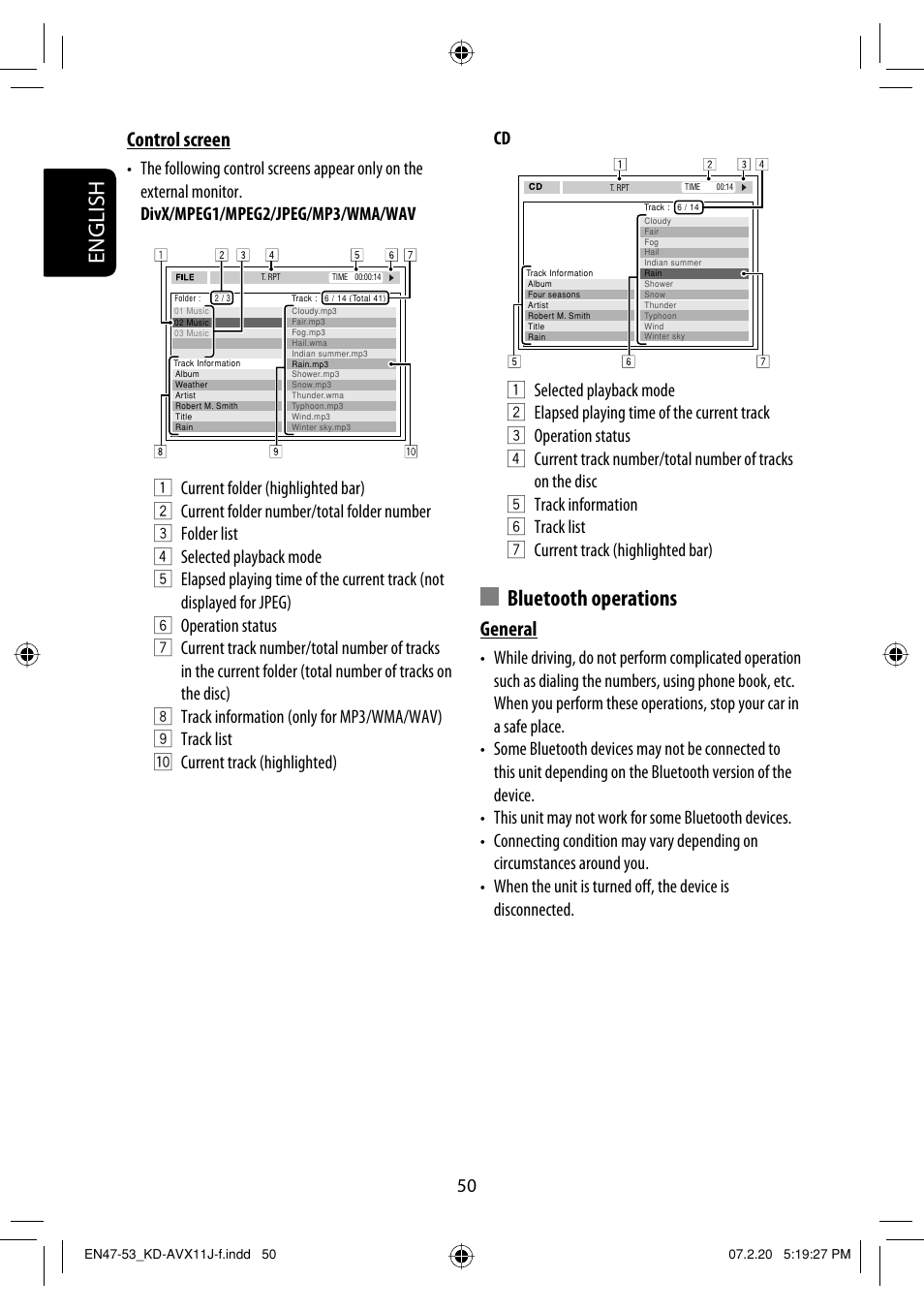 English, Bluetooth operations, General | Control screen | JVC KD-AVX11 User Manual | Page 50 / 177