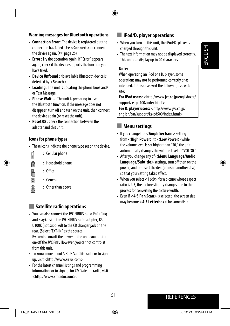 References english ipod/d. player operations, Menu settings, Satellite radio operations | JVC KD-AVX11 User Manual | Page 51 / 177