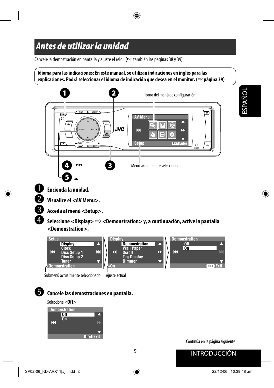Antes de utilizar la unidad, Introducción, Español | JVC KD-AVX11 User Manual | Page 63 / 177
