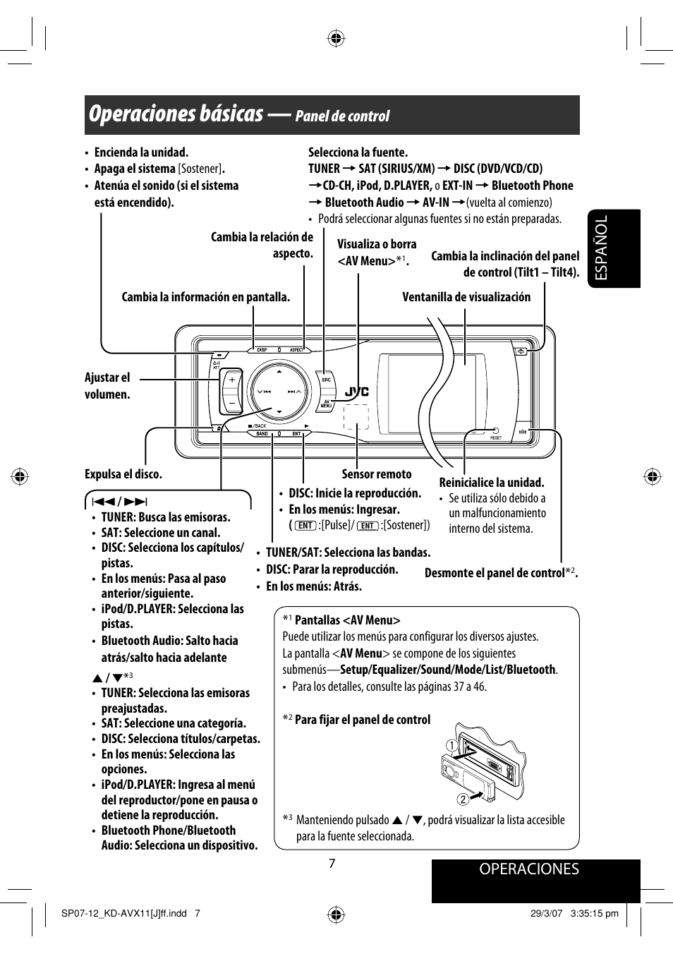 Operaciones básicas, Operaciones, Español | Panel de control | JVC KD-AVX11 User Manual | Page 65 / 177