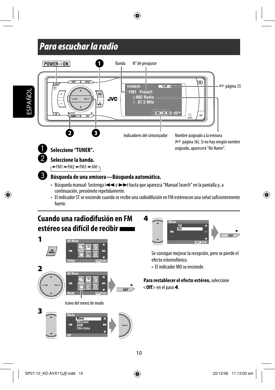 Para escuchar la radio, Español, Seleccione “tuner | Seleccione la banda, Búsqueda de una emisora—búsqueda automática | JVC KD-AVX11 User Manual | Page 68 / 177