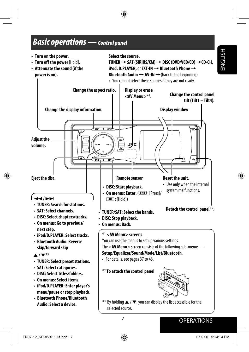 Operations, Basic operations — control panel, Basic operations | English, Control panel | JVC KD-AVX11 User Manual | Page 7 / 177