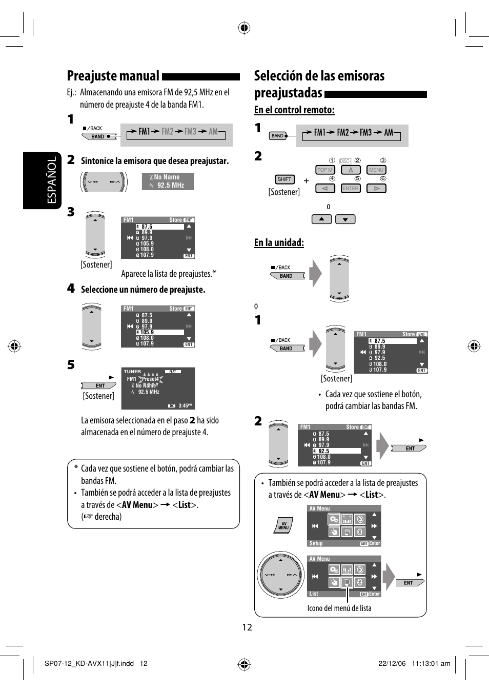 Selección de las emisoras preajustadas, Preajuste manual, Español | En el control remoto, En la unidad, Sintonice la emisora que desea preajustar, Aparece la lista de preajustes, Seleccione un número de preajuste, Icono del menú de lista | JVC KD-AVX11 User Manual | Page 70 / 177