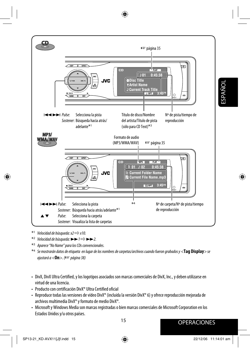 Operaciones, Español | JVC KD-AVX11 User Manual | Page 73 / 177