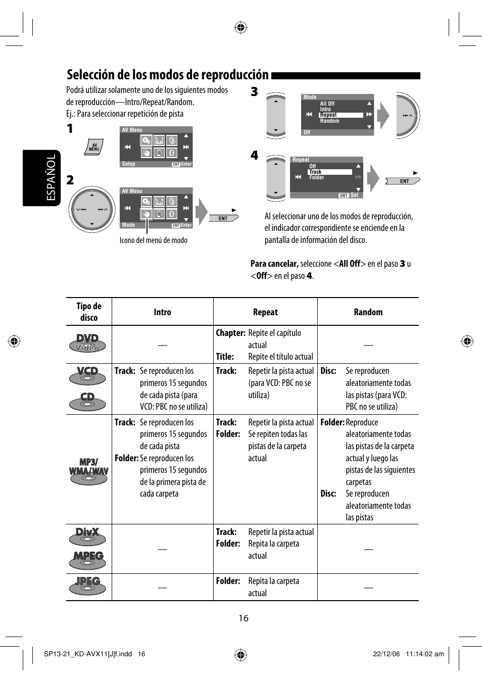 Selección de los modos de reproducción, Español | JVC KD-AVX11 User Manual | Page 74 / 177