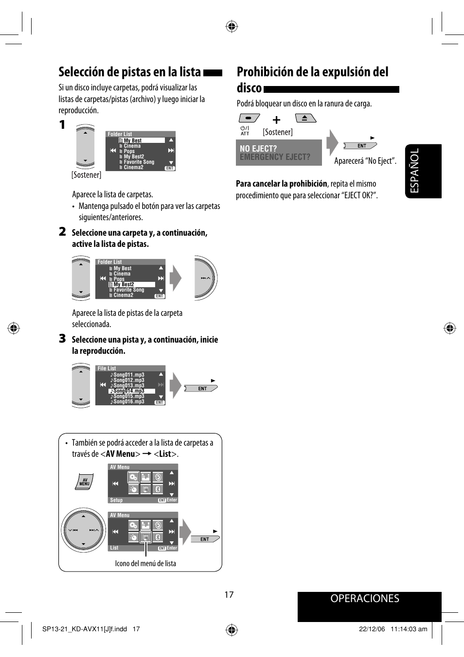 Selección de pistas en la lista, Prohibición de la expulsión del disco, Operaciones | Español | JVC KD-AVX11 User Manual | Page 75 / 177