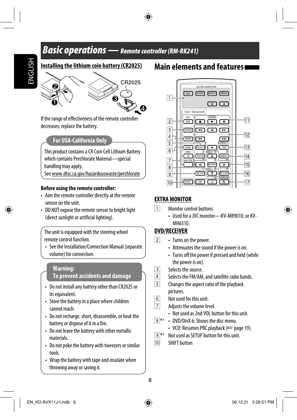 Basic operations — remote controller (rm-rk241), Basic operations, Main elements and features | English, Remote controller (rm-rk241), Extra monitor, Dvd/receiver, Installing the lithium coin battery (cr2025), For usa-california only, Warning: to prevent accidents and damage | JVC KD-AVX11 User Manual | Page 8 / 177