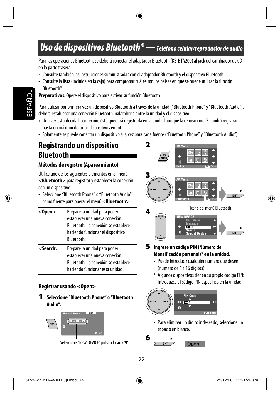 Uso de dispositivos bluetooth, Registrando un dispositivo bluetooth, Español | Teléfono celular/reproductor de audio, Métodos de registro (apareamiento), Registrar usando <open | JVC KD-AVX11 User Manual | Page 80 / 177