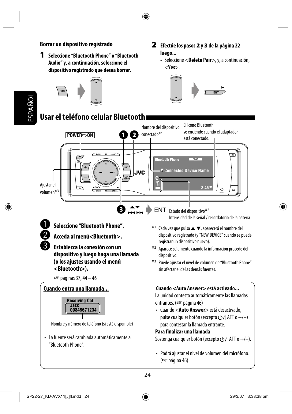 Usar el teléfono celular bluetooth, Español | JVC KD-AVX11 User Manual | Page 82 / 177