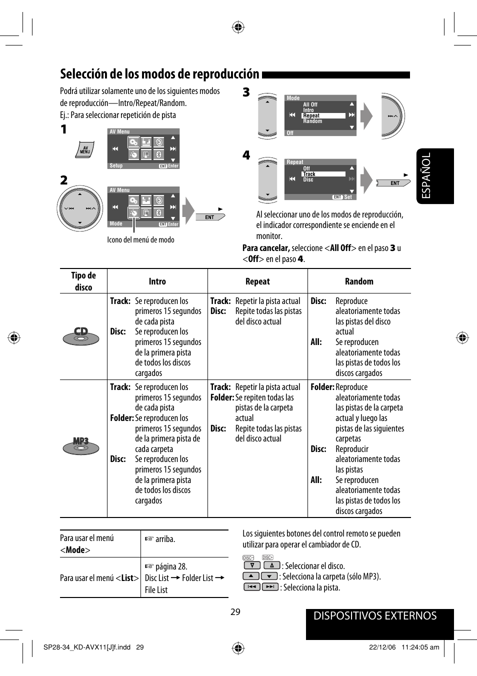 Selección de los modos de reproducción, Dispositivos externos, Español | JVC KD-AVX11 User Manual | Page 87 / 177