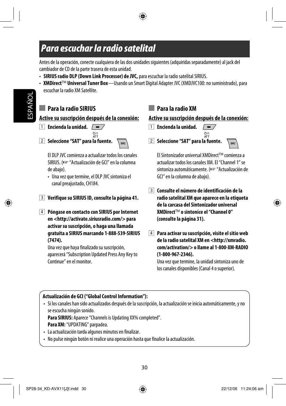 Para escuchar la radio satelital, Español, Para la radio sirius | Para la radio xm | JVC KD-AVX11 User Manual | Page 88 / 177