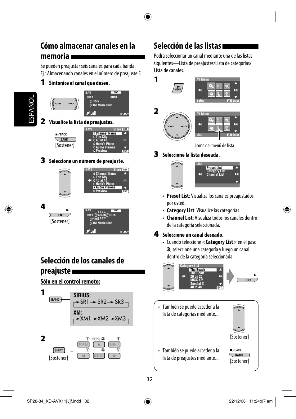 Selección de los canales de preajuste, Selección de las listas, Español | Sólo en el control remoto, Sintonice el canal que desee, Visualice la lista de preajustes, Seleccione un número de preajuste | JVC KD-AVX11 User Manual | Page 90 / 177