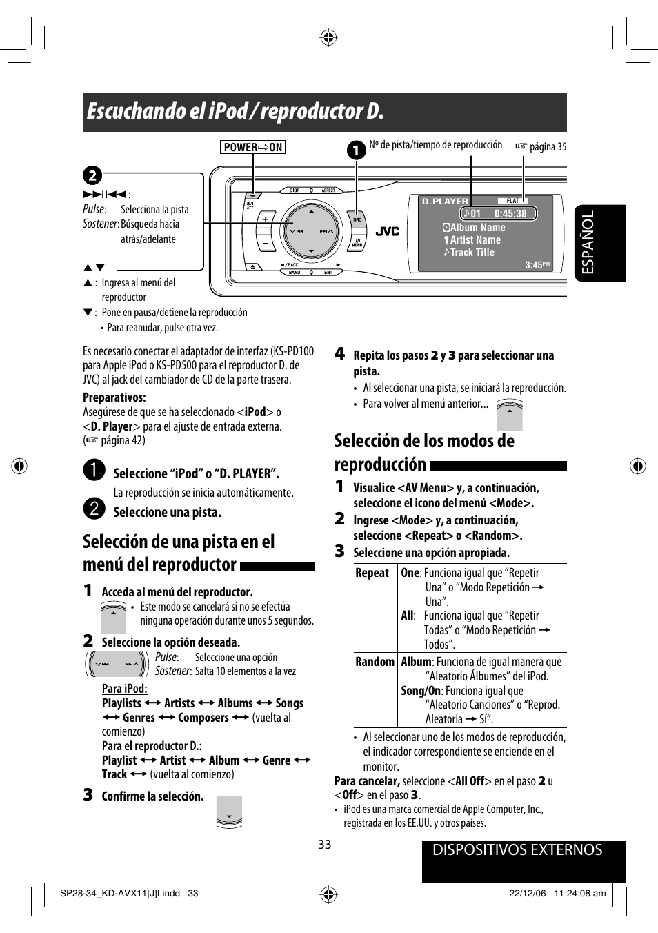 Escuchando el ipod / reproductor d, Selección de una pista en el menú del reproductor, Selección de los modos de reproducción | Dispositivos externos, Español | JVC KD-AVX11 User Manual | Page 91 / 177