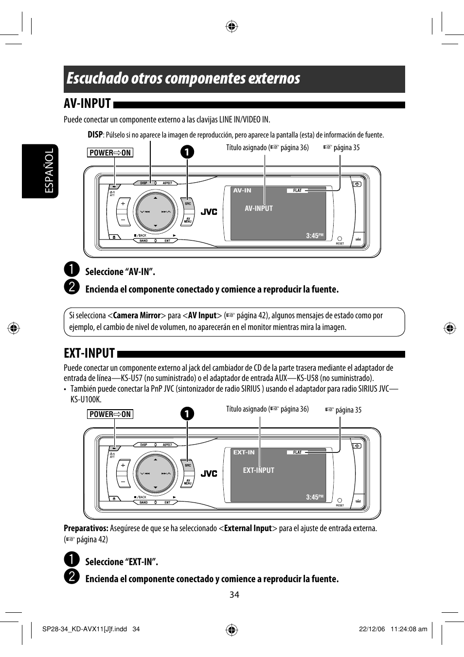 Escuchado otros componentes externos, Av-input, Ext-input | Español | JVC KD-AVX11 User Manual | Page 92 / 177