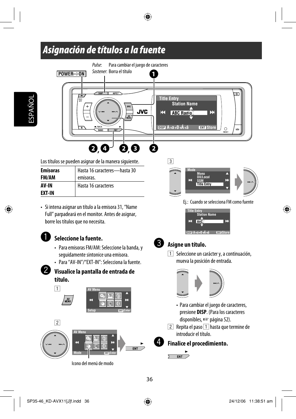 Asignación de títulos a la fuente, Español, Seleccione la fuente | Visualice la pantalla de entrada de título, Asigne un título, Finalice el procedimiento | JVC KD-AVX11 User Manual | Page 94 / 177