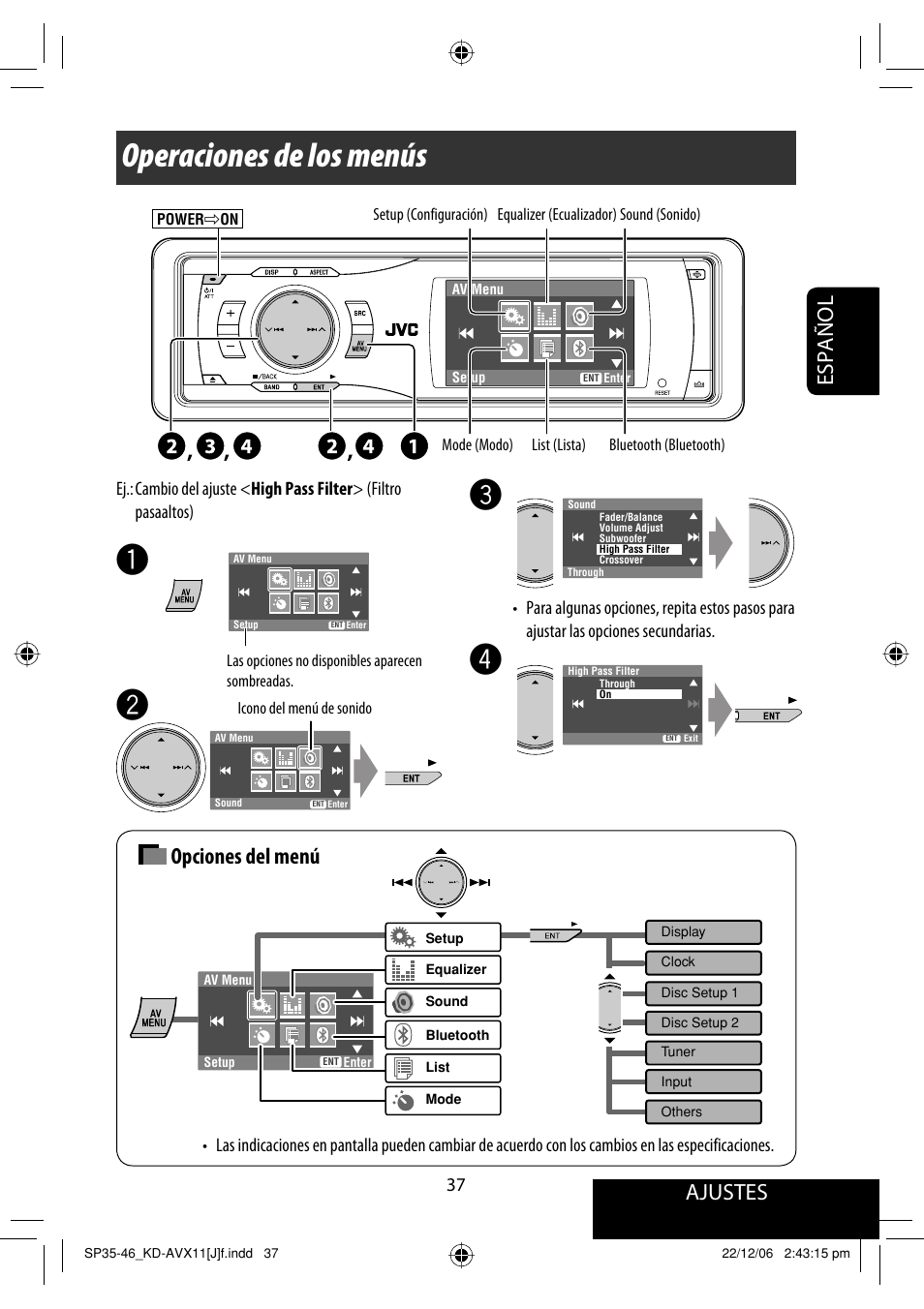 Operaciones de los menús, Ajustes, Español | Opciones del menú | JVC KD-AVX11 User Manual | Page 95 / 177