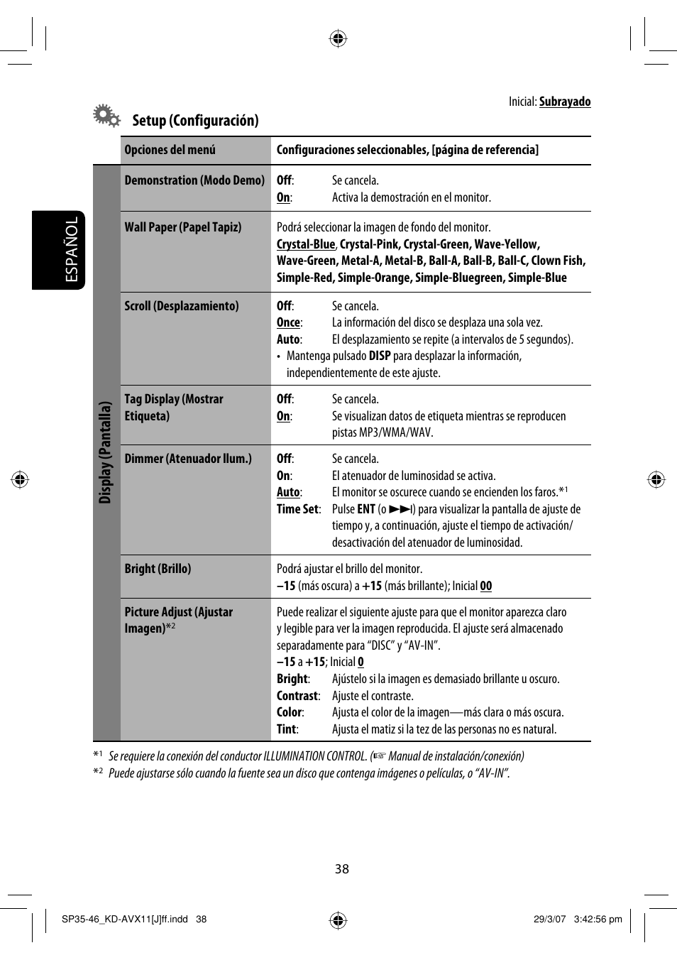 Español, Setup (configuración), Display (pantalla) | JVC KD-AVX11 User Manual | Page 96 / 177