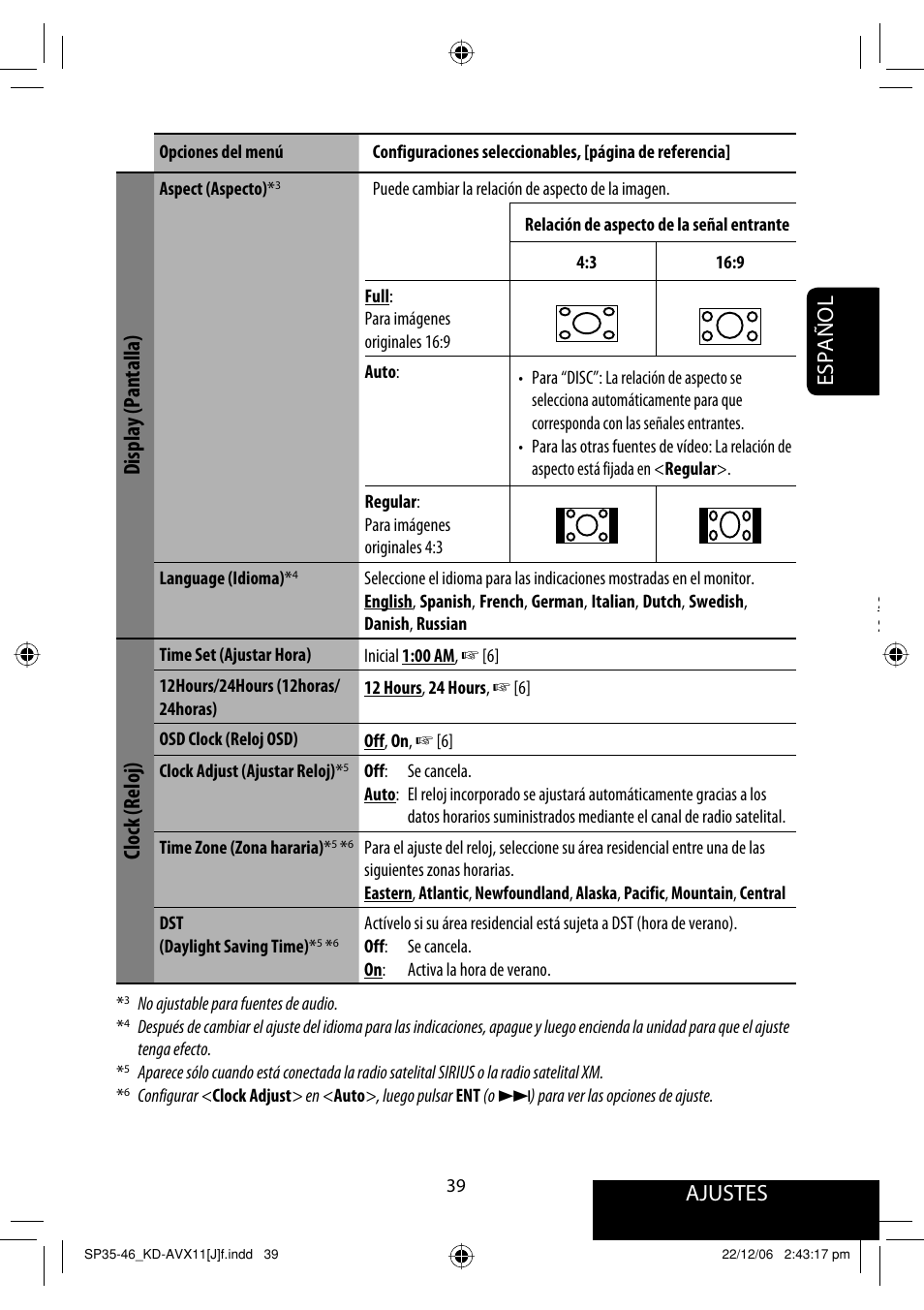 Ajustes, Español, Display (pantalla) | Clock (reloj) | JVC KD-AVX11 User Manual | Page 97 / 177