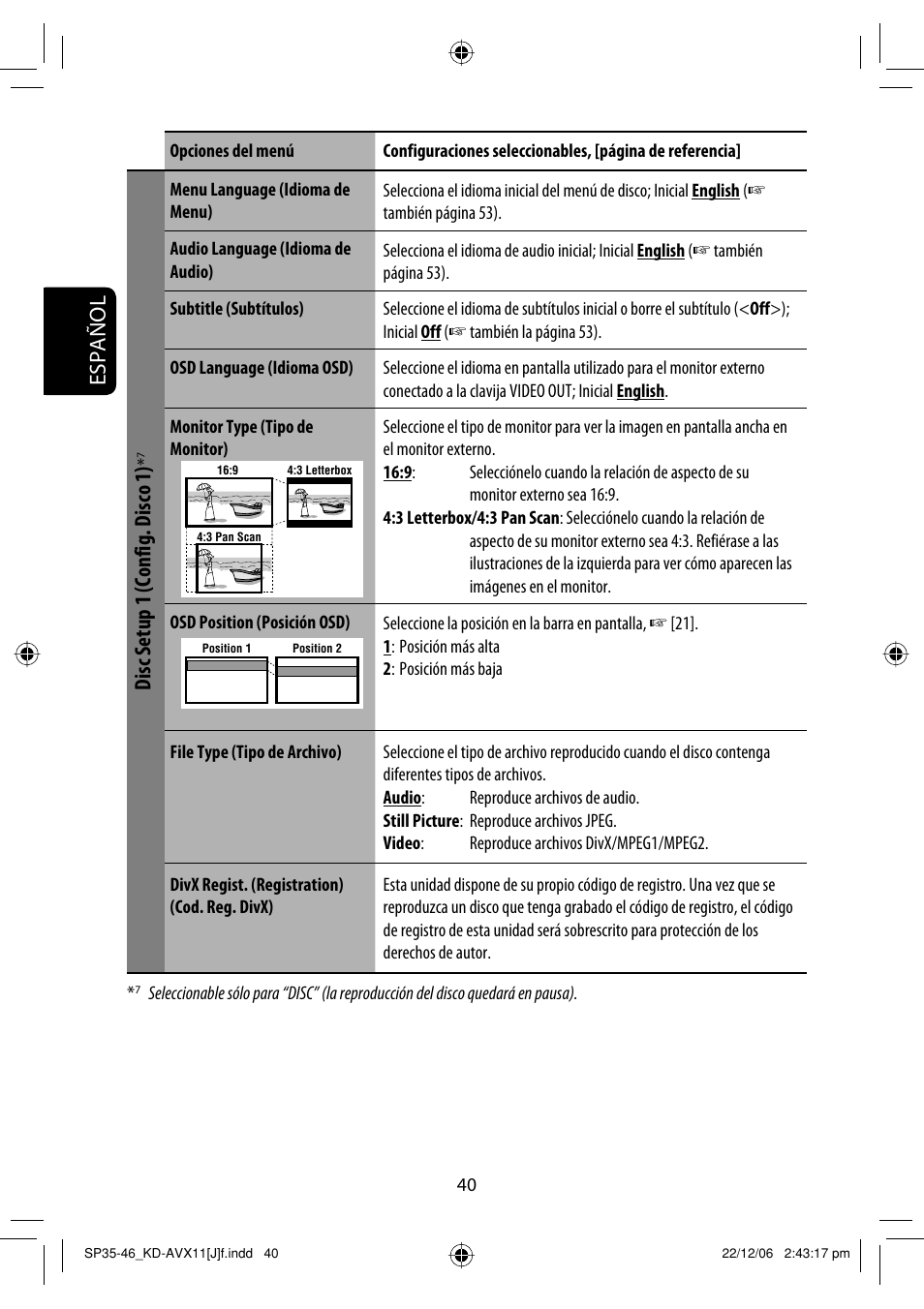 Español, Disc setup 1 (config. disco 1) | JVC KD-AVX11 User Manual | Page 98 / 177