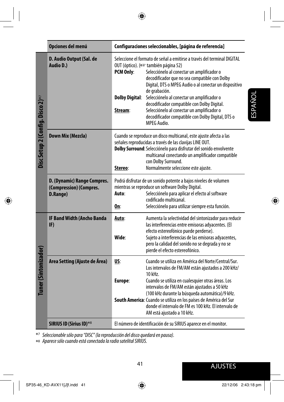 Ajustes, Español, Disc setup 2 (config. disco 2) | Tuner (sintonizador) | JVC KD-AVX11 User Manual | Page 99 / 177