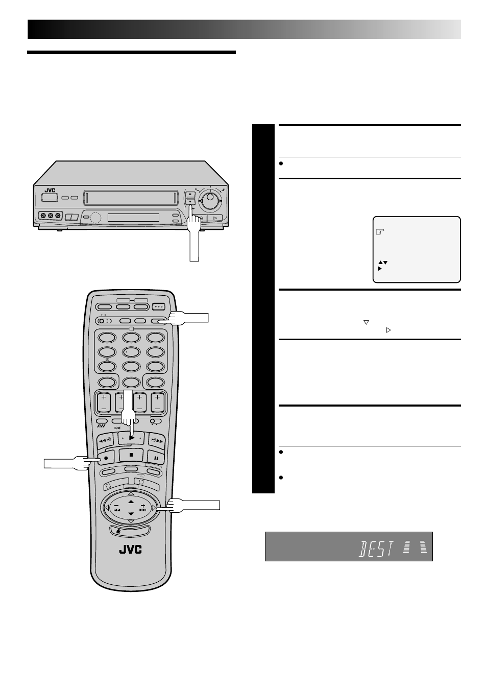 B.e.s.t. picture system, Load a cassette, Access mode select screen | Confirm b.e.s.t. status, Close mode select screen, Start recording, Recording | JVC PU30425 User Manual | Page 21 / 56