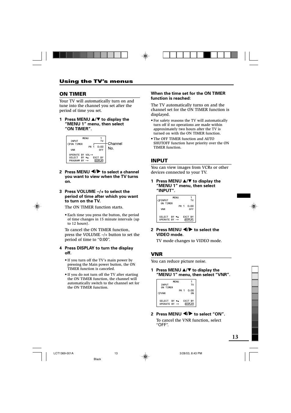 Input, On timer | JVC AV-16KG11 User Manual | Page 13 / 20