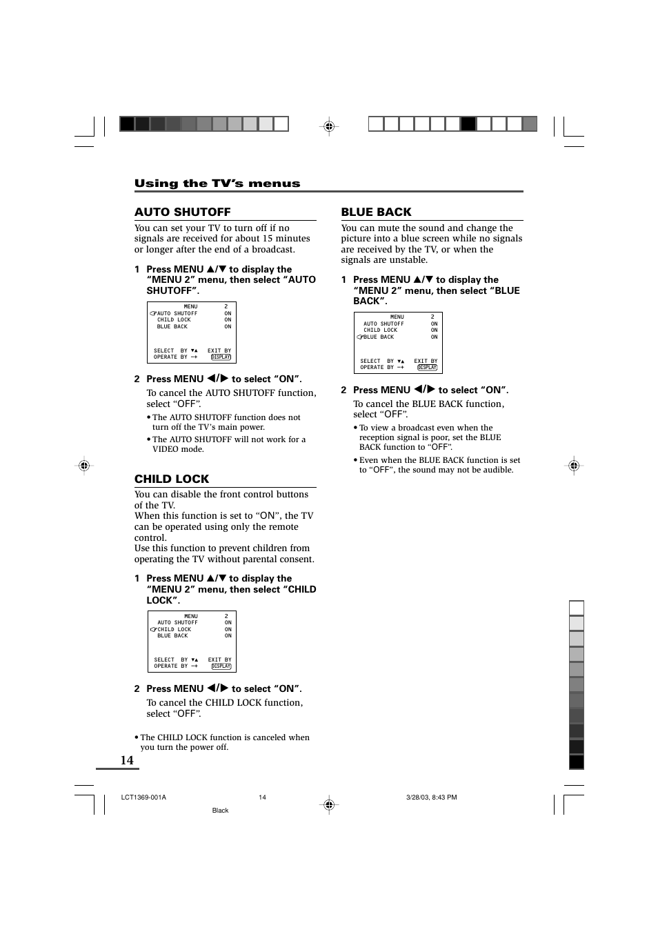 Auto shutoff, Child lock, Blue back | JVC AV-16KG11 User Manual | Page 14 / 20